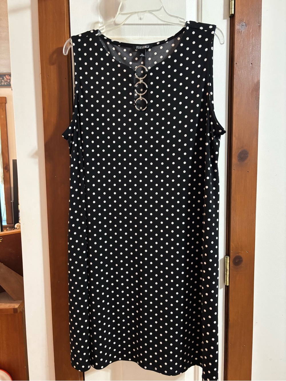 Roz & Ali Black and White Polka Dot Sleeveless Shift Dress with Ring Detail